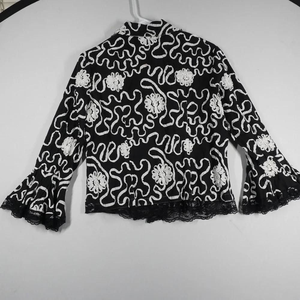 VTG Alberto Makali Black White Floral Soutache Lace Trim Bell‎ Sleeve Jacket 8